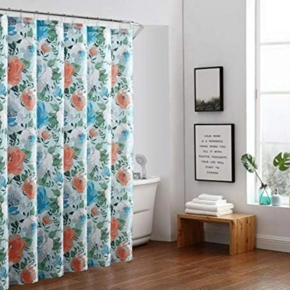 Freshee Floral Shower‎ Curtain Blue Coral Watercolor Antimicrobial Fabric New